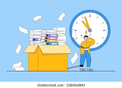 Overworked or weary from overload tasks, busy work and multitasking employee, hurry to finish many documents within deadline and schedule concepts. Stressed businessman wearing chains with paper pile.