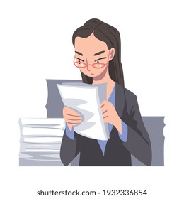 Overworked Woman Character in Glasses with Pile of Papers Vector Illustration