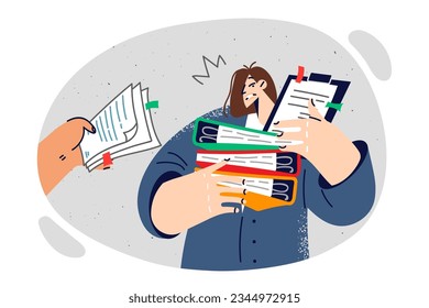 Overworked woman with folders and papers in hands feels burnt out and lacks productivity in work to meet deadline. Businesswoman overloaded with tasks needs delay in deadline or help from secretary