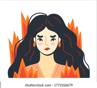 Overworked woman on the verge of psychological breakdown, surrounded by fire. Angry furious girl with wild disheveled hair. Stressed irritated person. Vector hand-drawn illustration.