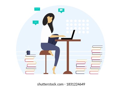 Overworked woman sitting at a table with a laptop. Large amount of work. Vector illustration in a flat style.