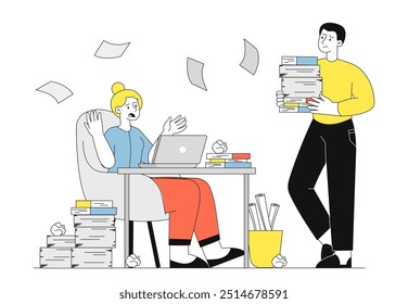 Overworked woman at work. Man brings stack of papers to young girl. Emotional burnout and stress. Tired businesswoman in office. Linear vector illustration isolated on white background