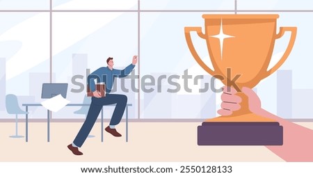 Overworking man run to golden cup. Busy tired office character with papers and folder, male manager need recognition or praise, vector scene