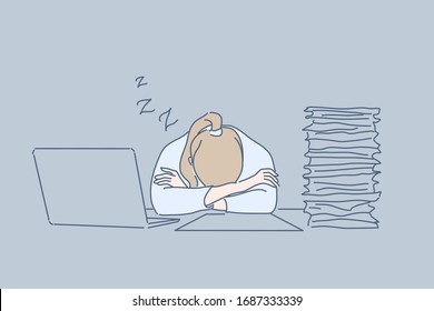 Overworking, sleep, office, fatigue, stress, business concept. Tired exhausted businesswoman clerk manager sleeps on workplace near pile of documents and laptop at office. Overworking, stress at work.