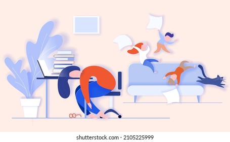 Overworking tired mother sleeping on table at home while her children active play. Quarantine COVID-19 concept. Vector illustration