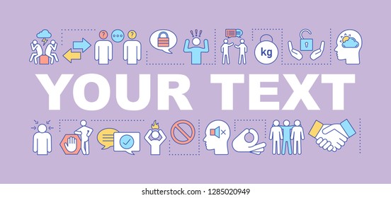 Overworking word concept banner. Conflicts, frustration. Your text here. Stress overcaming. Calming and relaxing. Anxiety coping. Isolated lettering idea with linear icons. Vector outline illustration