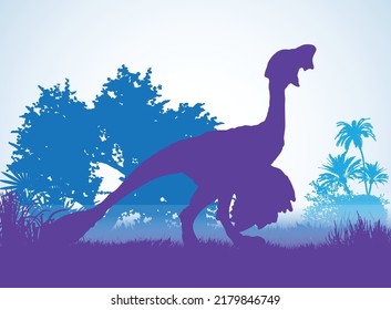 Oviraptor Dinosaurs silhouettes in prehistoric environment overlapping layers; decorative background banner abstract vector illustration