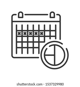 Ovulation calendar with marks days black line icon.  Contraception method. Menstrual cycle. Birth control. Safety sex. Pictogram for web page, mobile app. UI/UX/GUI design element. Editable stroke.