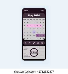 Ovulation calendar smartphone interface vector template. Mobile app page black design layout. Menstrual tracker screen. Flat UI for application. Monthly woman fertility control. Phone display