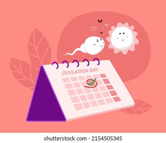 ovulation concept. hand mark ovulation date on calendar with sperm and egg cartoon character. vector illustration