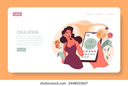 Ovulation concept. A thoughtful woman assesses her fertility cycle, depicted with an ovary illustration and mobile app. Nature's rhythm meets modern tracking. Flat vector illustration