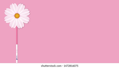 Ovulation test strip with a flower isolated on a pink background, positive result. Vector illustration.