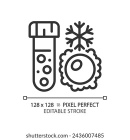 Ovum egg cryopreservation linear icon. Female fertility, biological specimens. Test tube cryosamples. Thin line illustration. Contour symbol. Vector outline drawing. Editable stroke