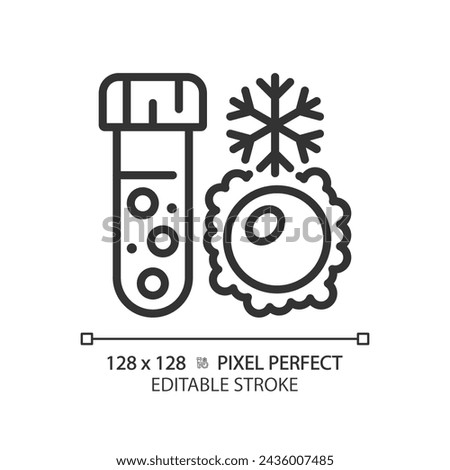 Ovum egg cryopreservation linear icon. Female fertility, biological specimens. Test tube cryosamples. Thin line illustration. Contour symbol. Vector outline drawing. Editable stroke