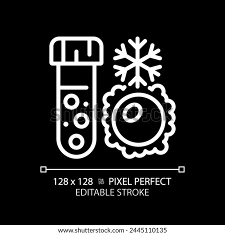 Ovum egg cryopreservation white linear icon for dark theme. Female fertility, biological specimens. Test tube cryosamples. Thin line illustration. Isolated symbol for night mode. Editable stroke