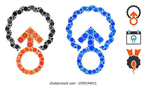 Ovum penetration mosaic of circle elements in various sizes and color tinges, based on ovum penetration icon. Vector dots are organized into blue mosaic.