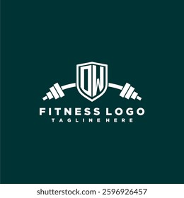 OW initial monogram for fitnes or gym logo with creative shield and barbell design
