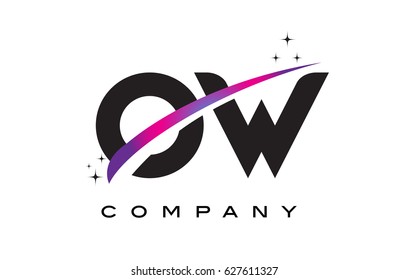 OW O W Black Letter Logo Design with Purple Magenta Swoosh and Stars.