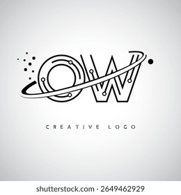 Logotipo de Monograma de Órbita OW - Marca de Letra Mínima Futurista com Linha de Arte Circular, Pontos Inspirados na Tecnologia e Conceito de Movimento Espacial para Identidade de Marca Moderna