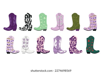 owboy boots with ornament. Wild West theme. Hand drawn colored trendy Vector isolated illustration.