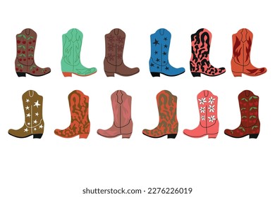 owboy boots with ornament. Wild West theme. Hand drawn colored trendy Vector isolated illustration.