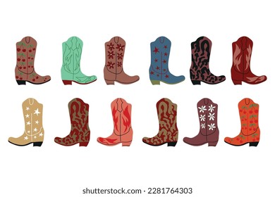 owboy boots with ornament. Wild West theme. Hand drawn colored trendy Vector isolated illustration.