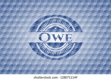 Owe blue badge with geometric background.