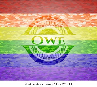 Owe emblem on mosaic background with the colors of the LGBT flag