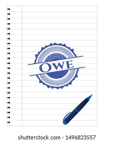 Owe emblem with pen effect. Blue ink. Vector Illustration. Detailed.