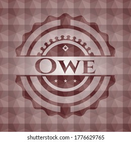 Owe red emblem or badge with abstract geometric pattern background. Seamless. 