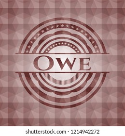 Owe red seamless emblem with geometric pattern background.