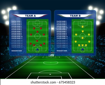 owed of fan in football stadium in night time with spot light backdrop and soccer team strategy list. This design for template, banner for soccer league match result in vector illustration