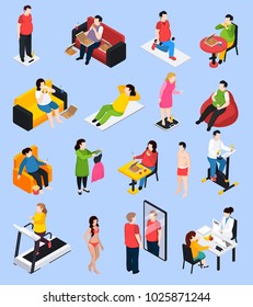 Owerweight people icons set with obesity symbols isometric isolated vector illustration 