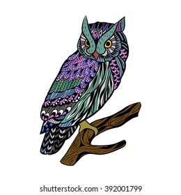 Owl in an abstract decorative style, sitting on a branch