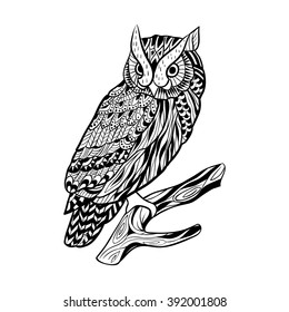 Owl in an abstract decorative  style, sitting on a branch