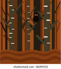 Owl in abstract forest. Vector illustration