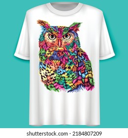 Búho. Resumen, multicolor, retrato gráfico, ilustración vectorial, diseño de camiseta.