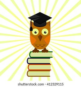owl in the academic cap sitting on a pile of books, grading on a yellow background with divergent rays