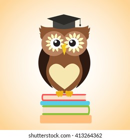 Owl in the academic cap sitting on a pile of books