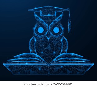An owl in an academic hat behind a book. Polygonal design of interconnected elements. Blue background.