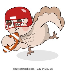 Owl American football player in red helmet running with the ball. Vector illustration of traditional sport.