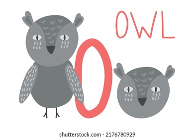 Owl Animal alphabet. Hand draw forest animals in Scandinavian style. Learning letter O.
