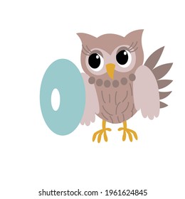 Owl animal alphabet symbol. English letter O isolated on white background. Funny hand drawn style character. Learn kids to read with cute toy illustration