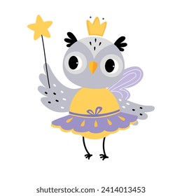 Owl Animal Fairy in Pretty Dress with Magic Wand and Wings Vector Illustration