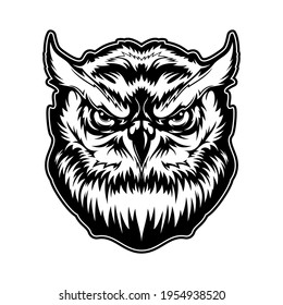 Owl animal head with angry face vector tattoo, mascot or t-shirt print design. Great horned owl, bird of prey with black and white feathers, facial disc plumage and beak, wildlife fauna themes