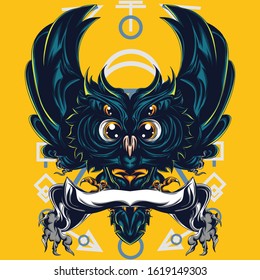 owl animal illustration with gold colored ornament style