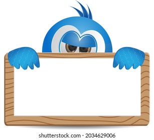 owl animal peeking behind blank wood banner