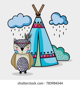owl animal tribal with camp and clouds