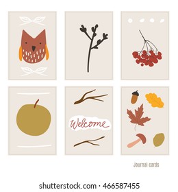 Owl, apple, cranberry. Set of cards for baby shower. Autumn. Decor for invitations, journal cards, greeting cards, posters, blogging. Children's illustration.
