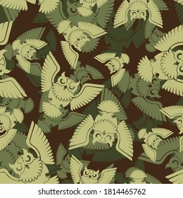 Owl army pattern seamless. Eagle-owl Military background. Soldier and Hunter ornament. Protective fabric texture